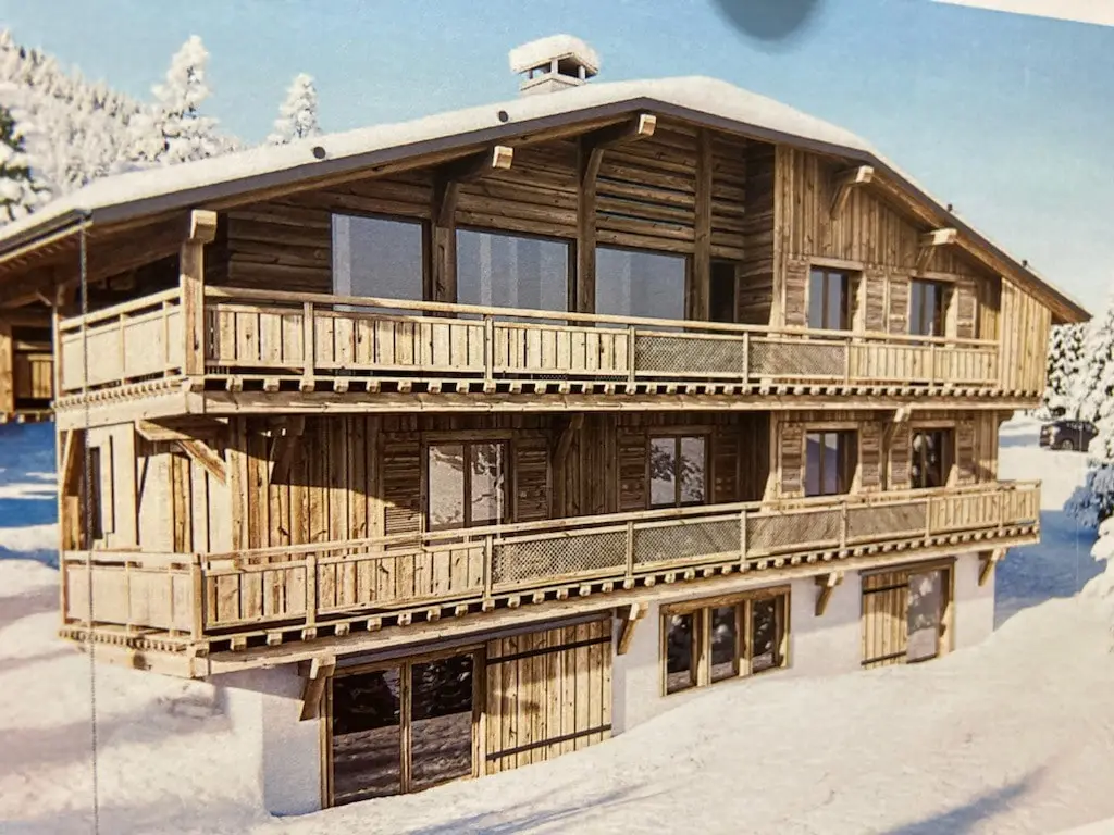 Projection 3D d'un chalet en bois dans la neige.